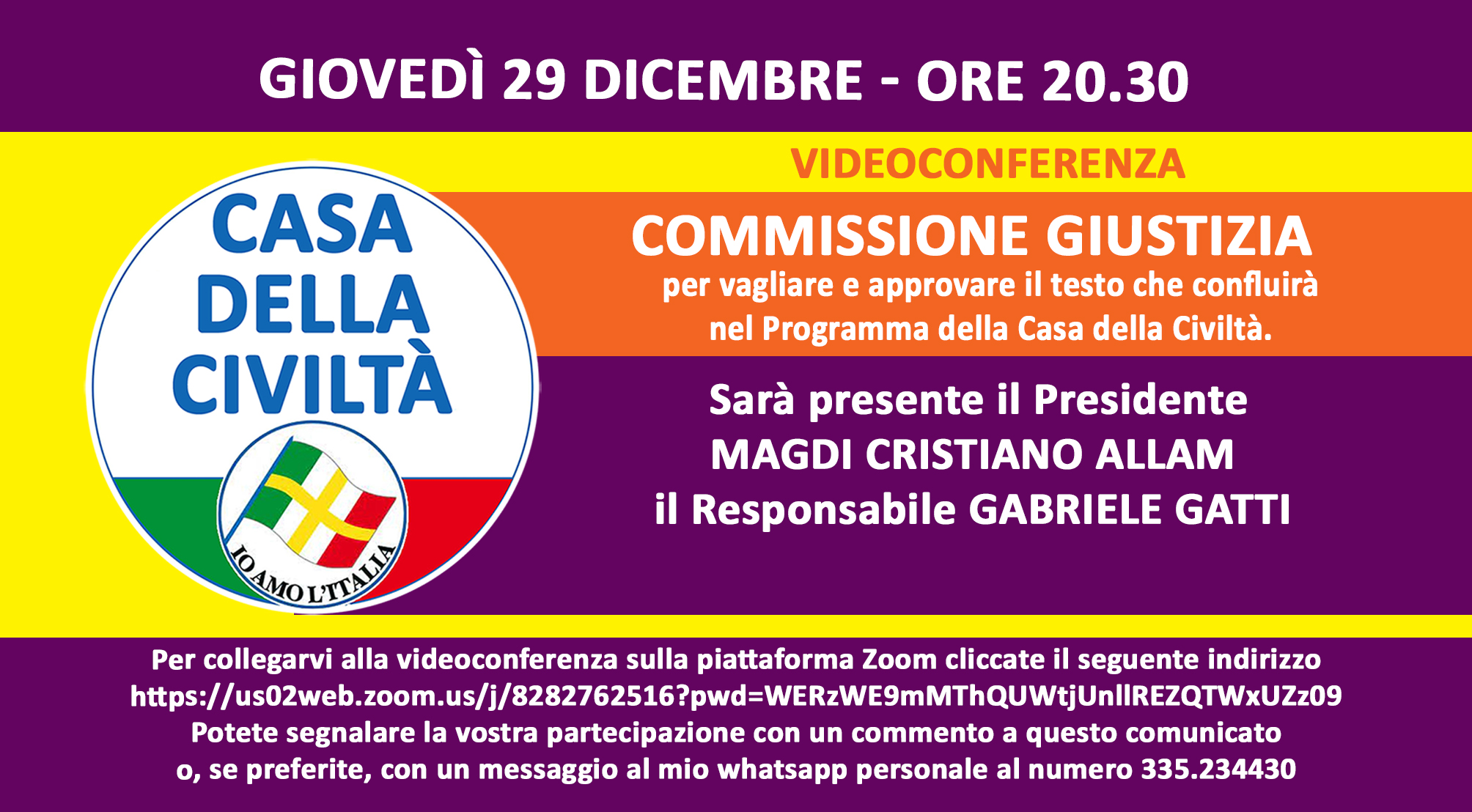 Giovedì 29 dicembre, alle ore 20.30, videoconferenza della Commissione Giustizia. Gli iscritti alla Casa della Civiltà possono partecipare