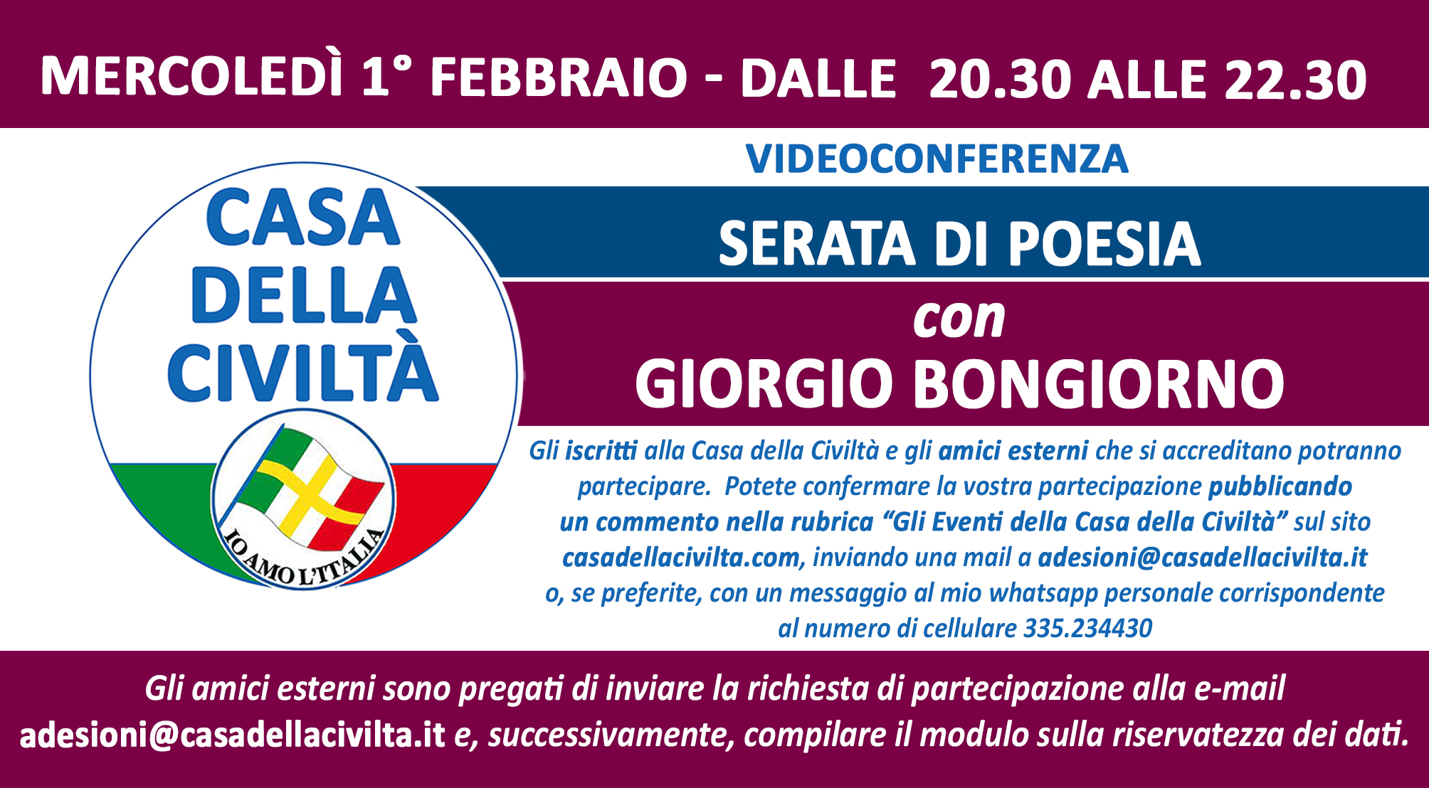 Serata di Poesia con Giorgio Bongiorno. Videoconferenza della Casa della Civiltà, mercoledì 1 febbraio, aperta a tutti