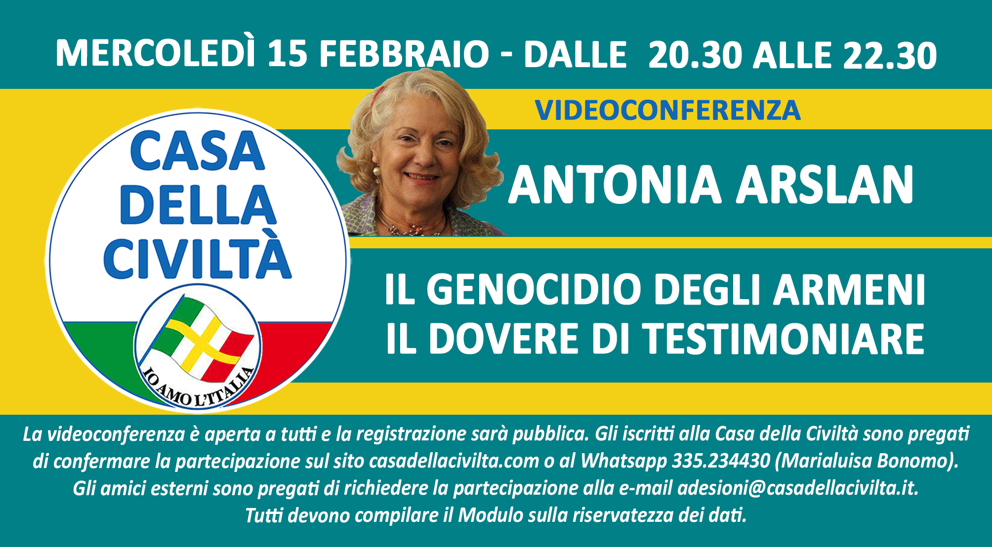 MARIALUISA BONOMO: “Videoconferenza di Antonia Arslan sul Genocidio degli armeni (Mercoledì 15 febbraio, ore 20,30)”