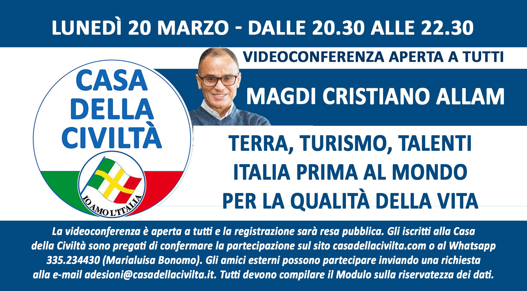 MARIALUISA BONOMO: “Videoconferenza di Magdi Cristiano Allam “Terra, Turismo, Talenti. Italia prima al Mondo per la qualità della vita” (Lunedì 20 marzo, ore 20,30)”