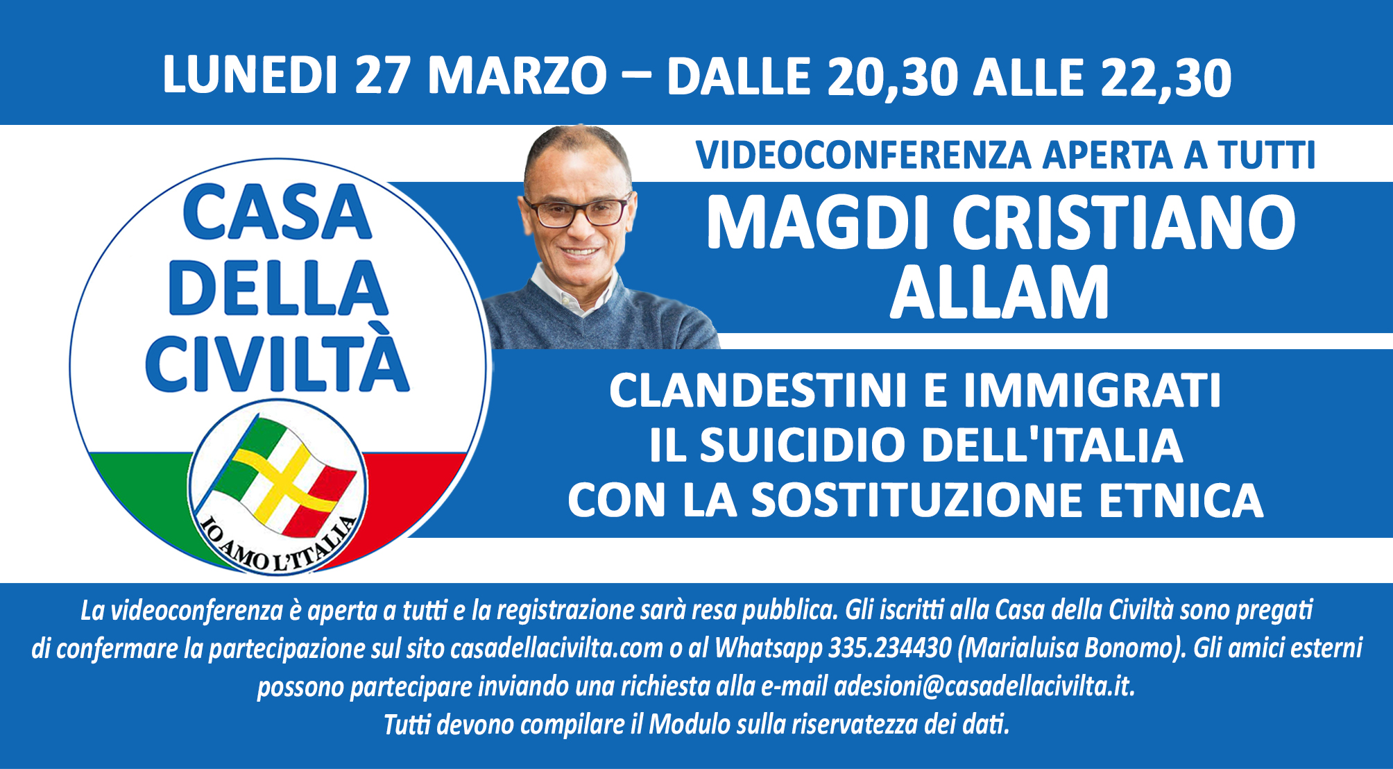 Videoconferenza di MAGDI CRISTIANO ALLAM “Clandestini e immigrati. Il suicidio dell’Italia con la sostituzione etnica” (Lunedì 27 marzo, ore 20,30)