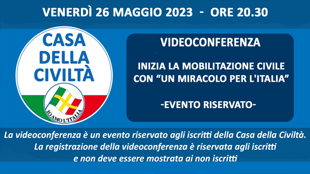 MARIALUISA BONOMO: Videoconferenza riservata su <strong>“Inizia la Mobilitazione civile con Un miracolo per l’Italia”</strong>, venerdì 26 maggio 2023 ore 20,30″/></a></div><h2 class=