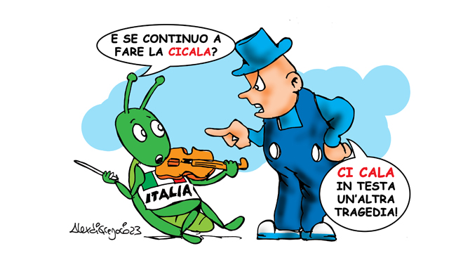 LA VIGNETTA DI ALEX DI GREGORIO: “Nonostante le emergenze, l’Italia non prende esempio dalla formica della favola di Esopo”