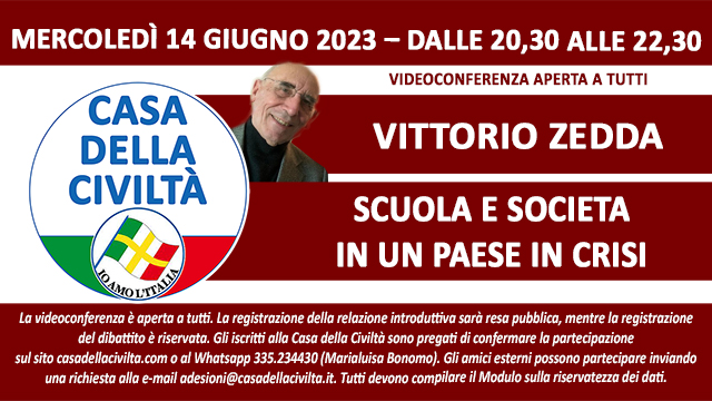 MARIALUISA BONOMO: Oggi alle ore 20,30 la videoconferenza di Vittorio Zedda su “Scuola e società in un Paese in crisi”. Ecco il collegamento a Zoom